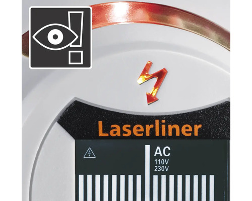 Laserliner logo. Waarschuwingssymbool voor oogirritatie. Waarschuwingssymbool voor elektrische spanning.