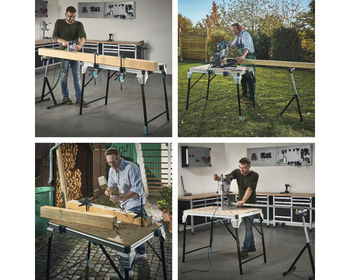 Meerdere aanzichten van een werkbank in verschillende toepassingen.