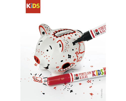 Beschilderde spaarpot in de vorm van een varken met porselein- en glasstiften