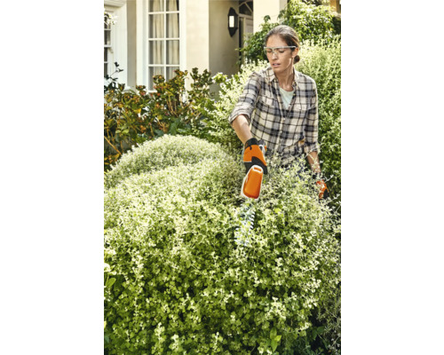 Vrouw snoeit heg met heggenschaar in de tuin
