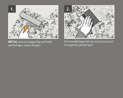Aanbrengen van een metaallaag met een laagpolige verfroller en een structuurkwast.
