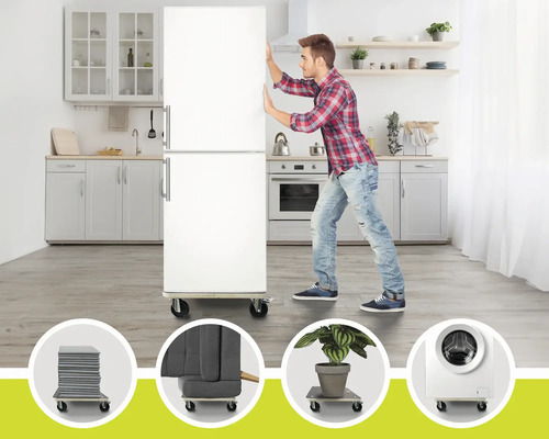 Man schuift een koelkast op een meubelroller in een heldere keuken. Voorbeelden van toepassingen met wasmachine, planten en stoelen.