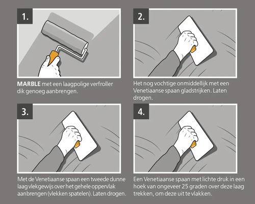 Instructie voor het aanbrengen van marmereffecten met een verfroller en Venetiaanse spaan in vier stappen