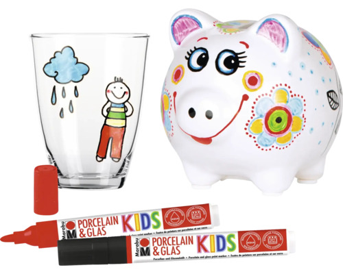 Beschilderde glazen beker en spaarvarken met porselein- en glasstiften