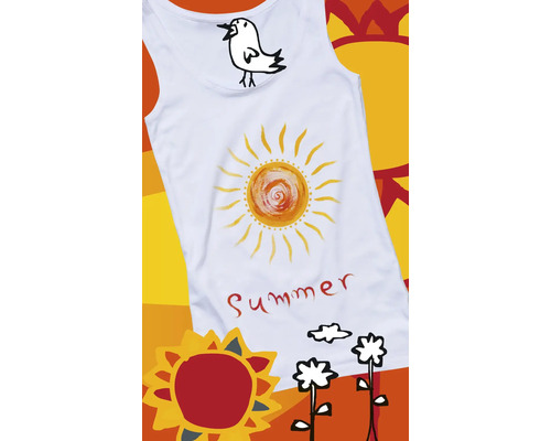 Wit tanktop met zon, vogel en opschrift Zomer