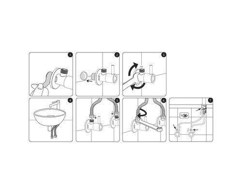 Montage-instructie voor een wastafel met hoekventielen in zeven stappen.