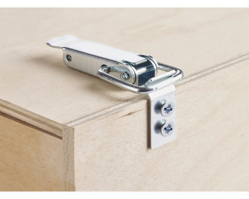 Metalen klemgesp gemonteerd op een houten kist