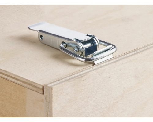 Metalen knevelsluiting op houten kist