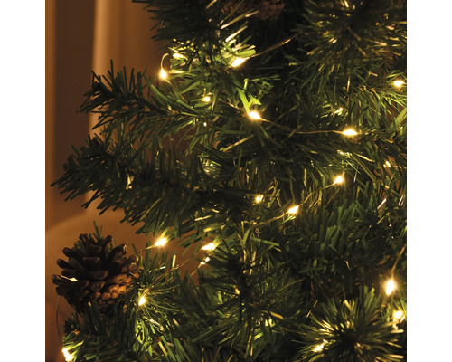 Kerstboom versierd met lichtjes en dennenappels