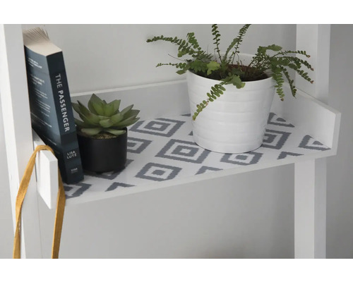 Decoratieve plank met boek, vetplant en varen in potten