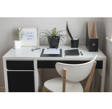 Een lichte werkplek met bureau, stoel, planten en kantoorartikelen.