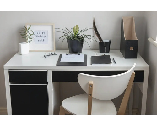 Een lichte werkplek met bureau, stoel, planten en kantoorartikelen.