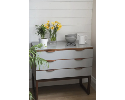 Ladekast met drie laden, waarop een plant, narcissen in een vaas, schalen, een bril en een kan staan.