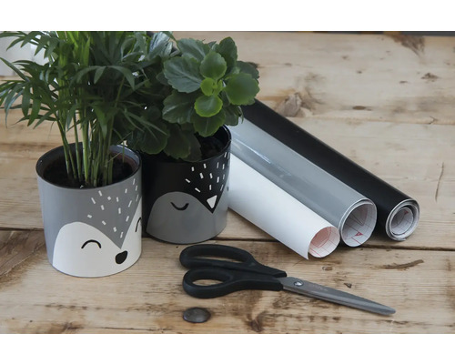 Twee beplante potten met decoratiefolie, schaar en drie rollen decoratiefolie op een tafel.