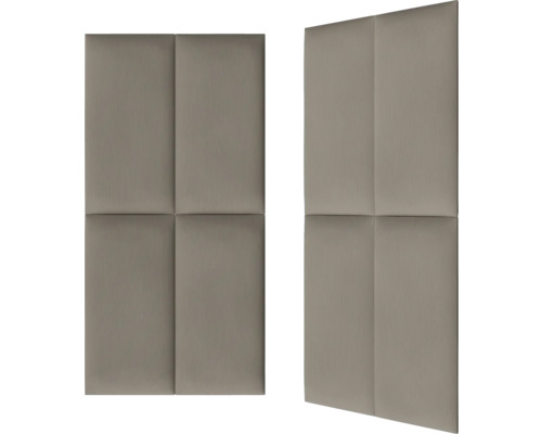 Twee rechthoekige wandpanelen met een bekleed oppervlak, elk verdeeld in vier vierkanten, voor wanddecoratie