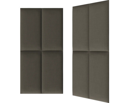Twee gestoffeerde wandpanelen met vier rechthoekige vlakken.