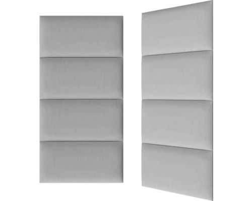 Twee grijze, rechthoekige wandpanelen met bekleding, elk verdeeld in vier segmenten.