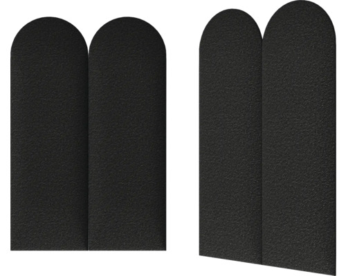 Twee zwarte schuttingelementen met afgeronde bovenkant.