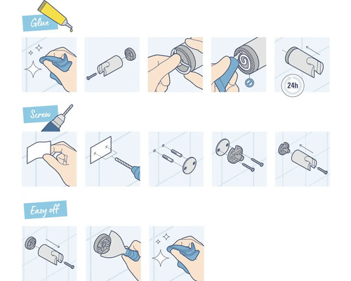 Instructies voor bevestiging met lijm en schroeven plus eenvoudige demontage