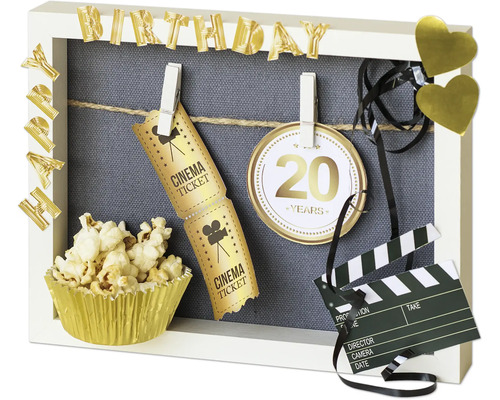 Decoratieve fotolijst met verjaardagsmotieven, bioscoopkaartjes, popcorn en filmklapper