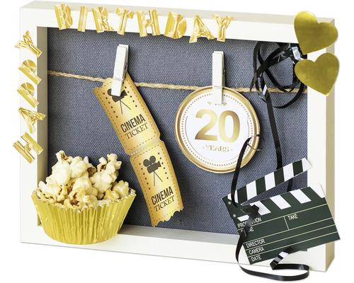 Decoratief verjaardagsframe met popcorn, bioscoopkaartjes, filmklapper en ballonnen