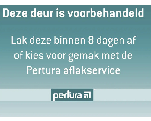 Tekst met de mededeling: Deze deur is voorbehandeld. Lak deze binnen acht dagen af of kies voor gemak met de Pertura aflakservice. Pertura Logo