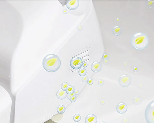 Weergave van een luchtbevochtiger met symbolen van bladeren in zeepbellen.