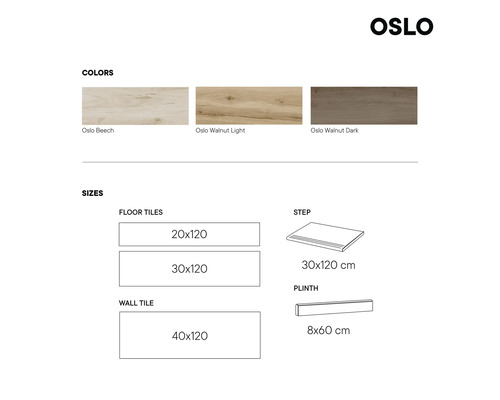 Oslo tegels kleuren en maten: beuken, walnoot licht, walnoot donker, 20x120, 30x120, 40x120 centimeter