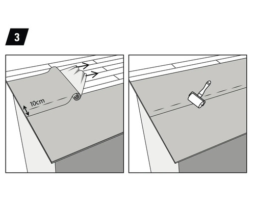 Illustratie van het leggen van isolerende onderlaag met een overlap van 10 centimeter en een aandrukroller.