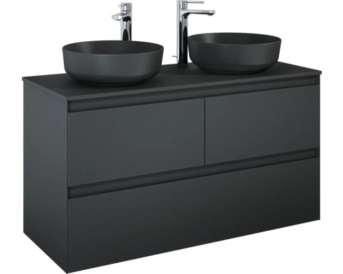 Wastafelonderkast met twee opzetwastafels en twee kranen