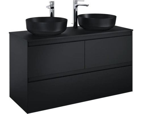 Wastafelonderkast met twee opzetwastafels en kranen