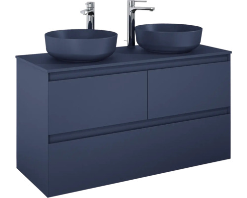 Wastafelonderkast met twee opzetwastafels en twee kranen