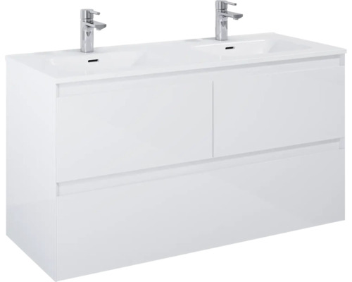 Wastafelonderkast met twee wastafels en twee kranen