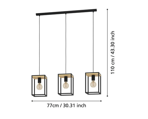 Hanglamp met drie lampen, metaal en hout, 77 bij 110 centimeter