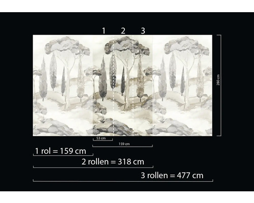 Behang met boomlandschap en maataanduidingen