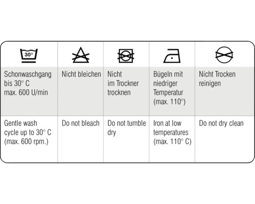 Wassymbolen: Fijne was tot 30 graden, niet bleken, niet in de droogtrommel, strijken op lage temperatuur, niet chemisch reinigen
