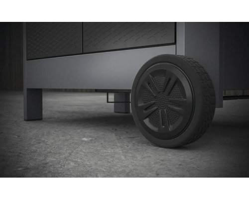 Detailopname van een onderkast met wielen