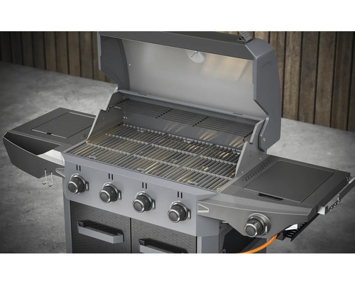 Gasbarbecue met vier branders, zijbrander en open deksel