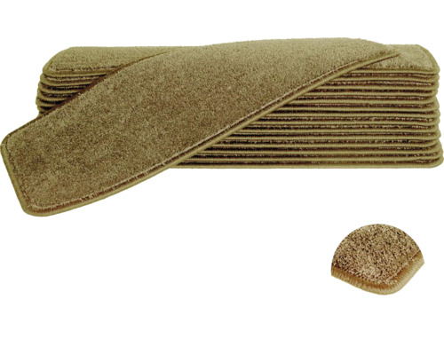 Trapmat Sweet 92 taupe 20x65 cm set van 15 Trapmatten van tapijt, rechthoekig en rond, op een stapel