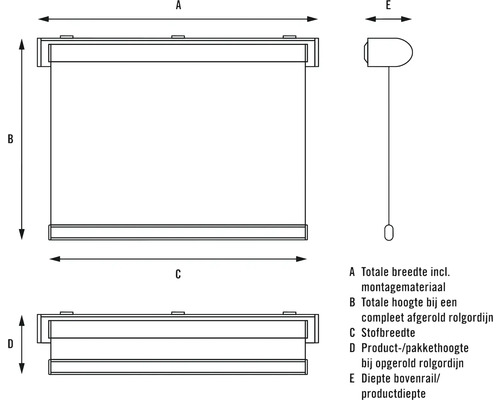Technische tekening van een rolgordijn met afmetingen