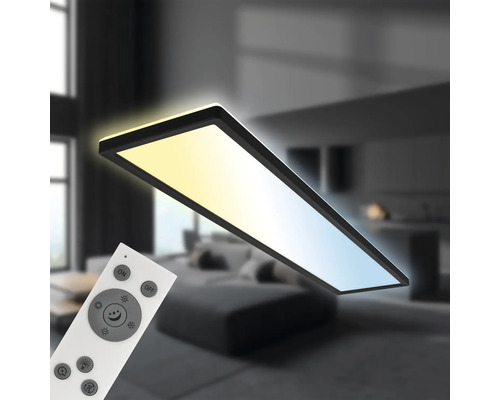 Rechthoekige plafondlamp met afstandsbediening in een woonkamer.