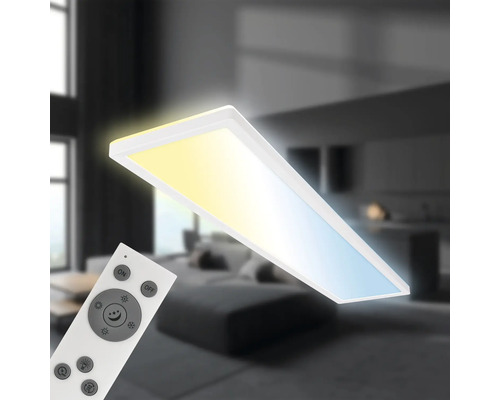 Rechthoekige led-plafondlamp met afstandsbediening in een modern ingerichte woonkamer.