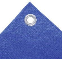 Detailopname van een blauw zeildoek met oogje