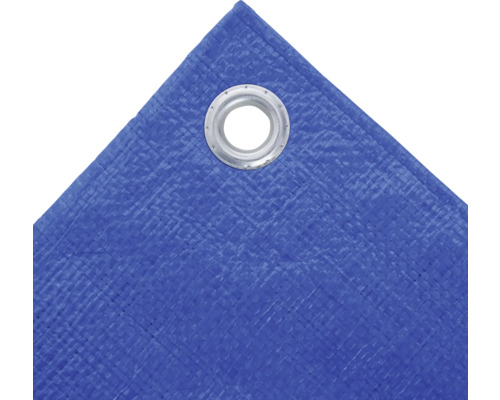 Detailopname van een blauw zeildoek met oogje