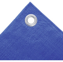 Detailopname van een blauw dekzeil met oog