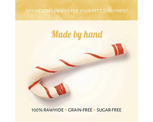 Hondensnack in de vorm van een zuurstok, gemaakt van runderhuid, graanvrij en zonder suiker
