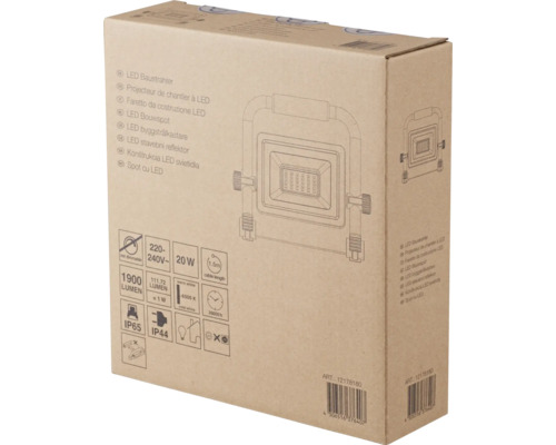 Verpakking van een LED bouwlamp met technische gegevens zoals 20 watt, 1900 lumen en IP65 beschermingsgraad