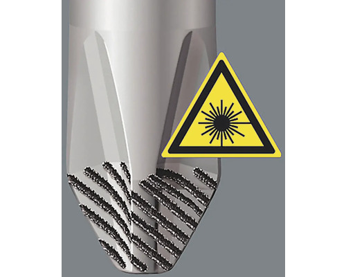 Gereedschapsdetail met lasermarkering en waarschuwingsbord voor laserstraling