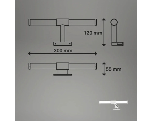 Technische tekening van een 300 millimeter brede en 120 millimeter hoge wandlamp