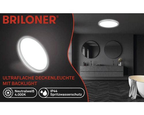 Platte Briloner plafondlamp met achtergrondverlichting in een moderne badkamer.